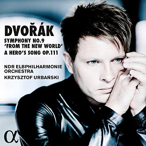 CD cover featuring a portrait of conductor Krzysztof Urbański and text “Dvořák”.