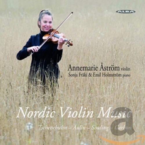 Woman playing violin in a field, CD cover for Nordic Violin Music.