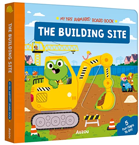 A cartoon frog drives a yellow excavator on a construction site board book cover.