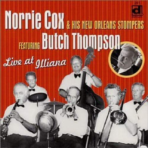 Black and white photo of a jazz band, Norrie Cox & His New Orleans Stompers.