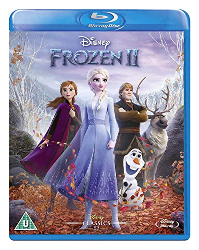 Frozen 2 Blu-ray cover featuring Elsa, Anna, Kristoff, Olaf, and Sven.