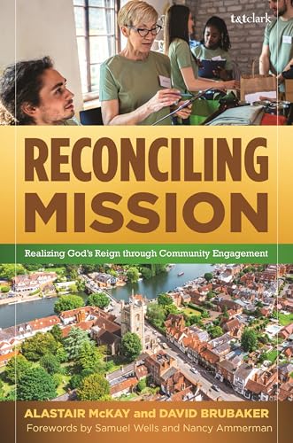 Book cover with title “Reconciling Mission” and images of people, town.