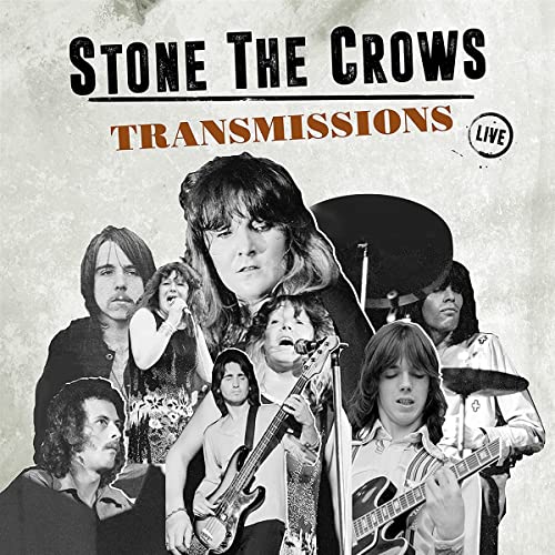 Collage of Stone the Crows band members performing on a textured grey background.