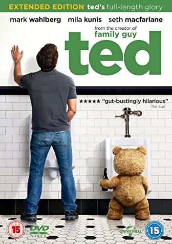 DVD cover for "Ted" showing a man and a teddy bear in a restroom.