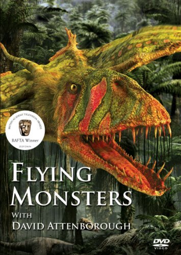 A pterosaur with a large, toothy mouth in a prehistoric forest, DVD cover art.
