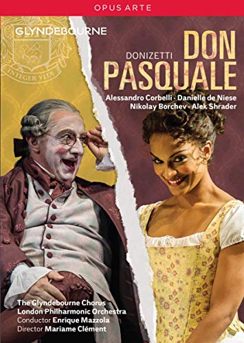 DVD cover for Don Pasquale opera, featuring two performers in costume.