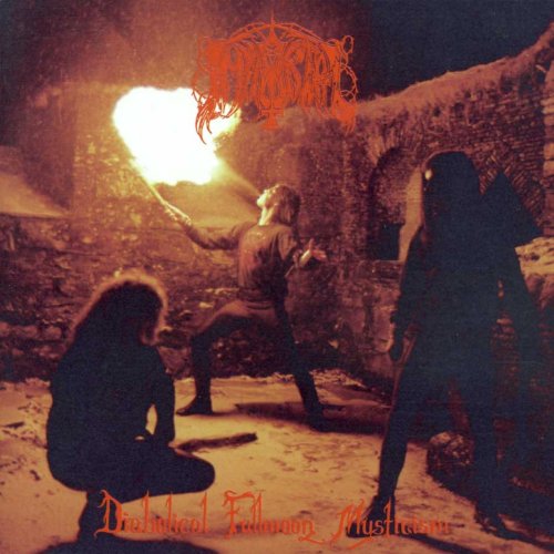 Three band members in a dark, stone ruin, one breathing fire, with red text overlay.