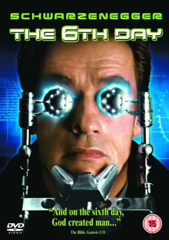 DVD cover for "The 6th Day" featuring Arnold Schwarzenegger with cloning device.
