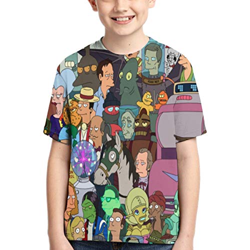 Boy wearing a short-sleeved t-shirt with a colorful cartoon collage print.