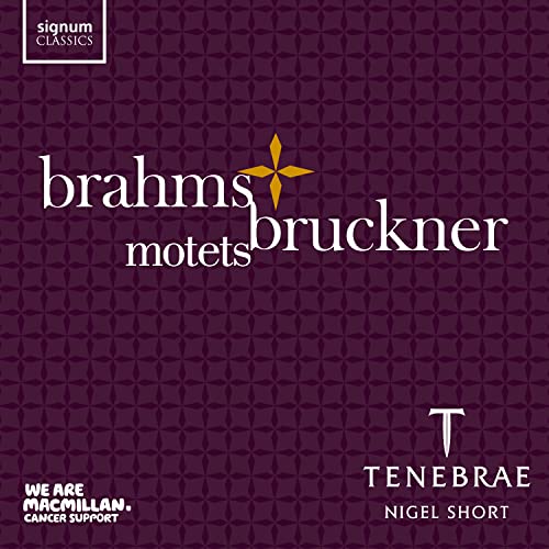 CD cover with dark purple patterned background, text reading Brahms, Bruckner, Motets, and Tenebrae.