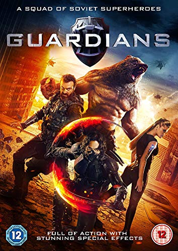 DVD cover for "Guardians" featuring heroes, a bear, and city destruction.