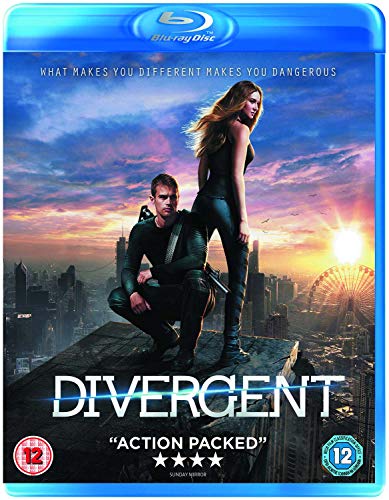 Blu-ray cover for "Divergent" featuring two figures overlooking a ruined city.