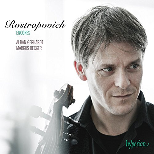 CD cover featuring cellist Alban Gerhardt and album title “Rostropovich Encores”.