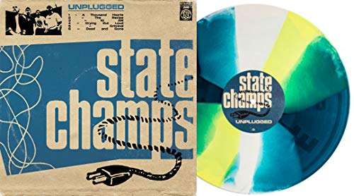 State Champs "Unplugged" vinyl record with colorful swirl pattern.