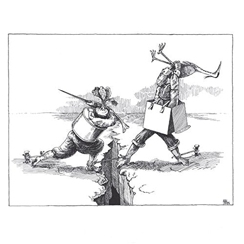 Black and white illustration of two figures near a precipice.
