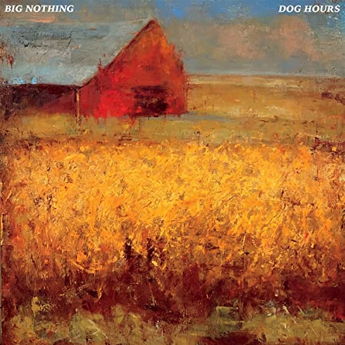 Painted landscape with a red barn and golden field under a cloudy sky.