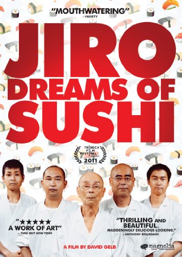 “Jiro Dreams of Sushi” DVD cover with sushi images and chefs’ portraits.