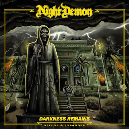Album cover for Night Demon’s “Darkness Remains” featuring a cloaked figure.
