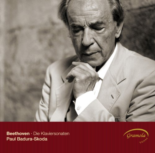 Portrait of pianist Paul Badura-Skoda with text and red background.
