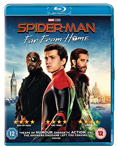 Blu-ray cover for Spider-Man: Far From Home featuring Spider-Man, Nick Fury, and Mysterio.