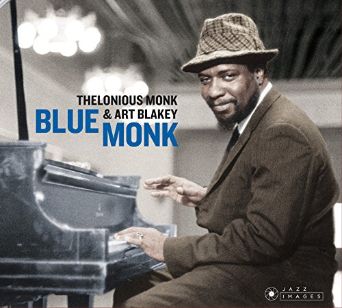 Thelonious Monk in a hat seated at a piano, album cover art.