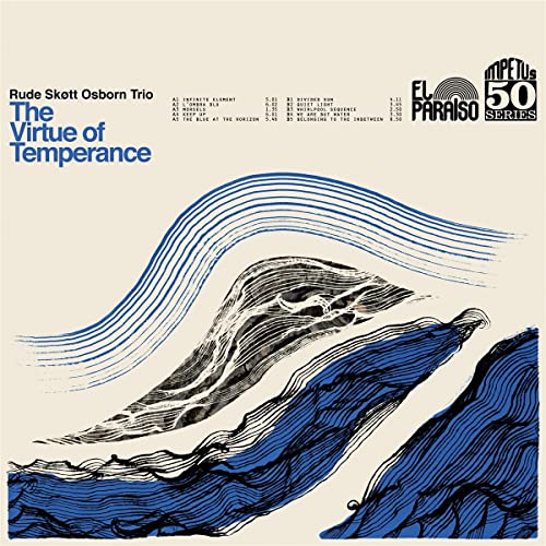 Album cover for “The Virtue of Temperance” with blue wave illustration.