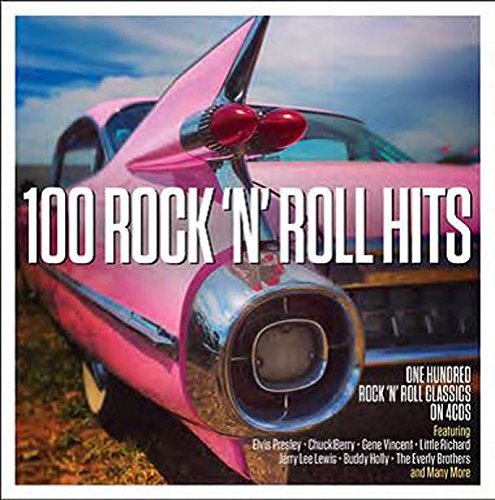 The pink tail fin of a vintage car features the text 100 Rock 'n' Roll Hits.