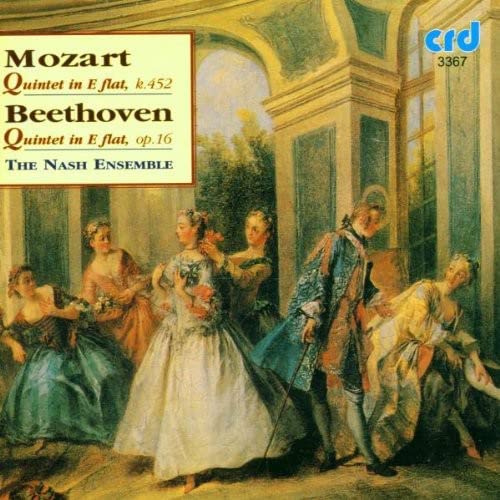 CD cover featuring classical figures and text naming Mozart and Beethoven.