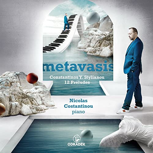 CD cover: pianist, piano keys, and surreal landscape with sculptures.