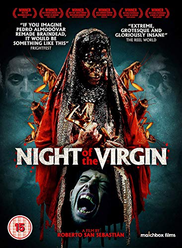 Horror DVD cover featuring a distressed figure and insects, titled "Night of the Virgin".