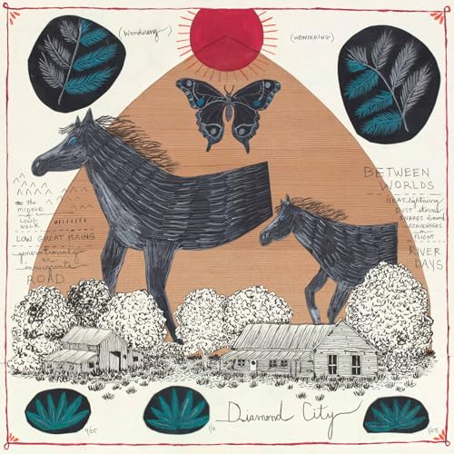 CD cover art: two black horses, butterfly, sun, and small buildings.