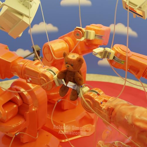 Orange robotic arms surrounding a teddy bear against a blue sky.