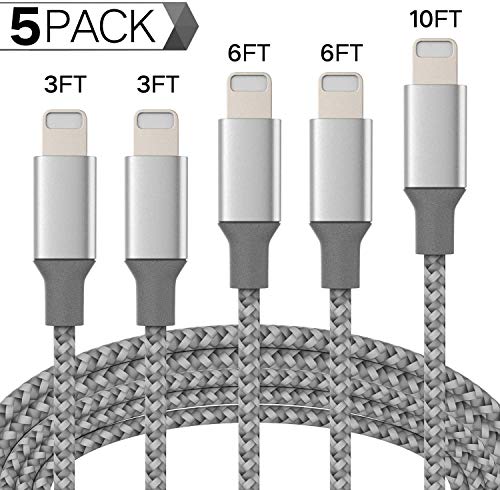 Five silver and gray braided Apple Lightning cables of varying lengths.