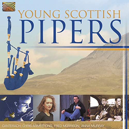 CD cover featuring bagpipes, Scottish landscape, and young pipers’ portraits.