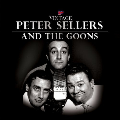 Black and white portrait of Peter Sellers and The Goons around a microphone.