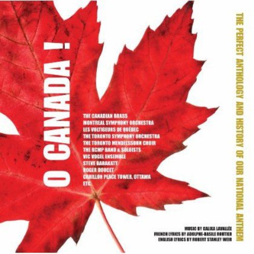 Red maple leaf covers album art for "O Canada!" with text listing orchestras.