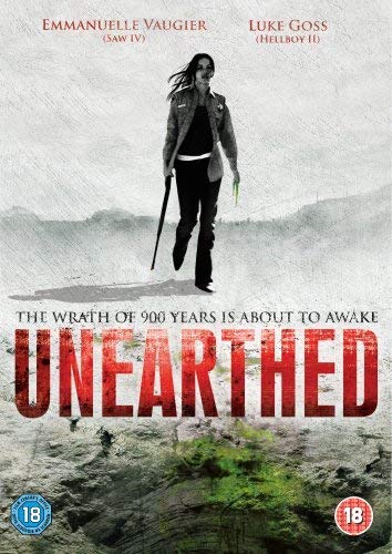 DVD cover for "Unearthed" featuring a woman walking in a desolate landscape.