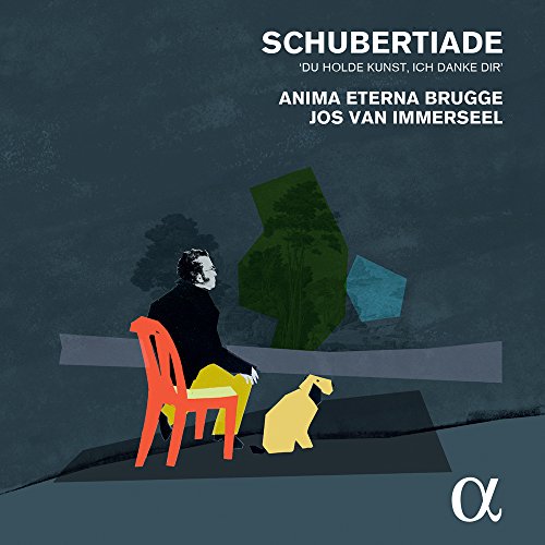 CD cover: man with dog, abstract landscape, text “Schubertiade”.