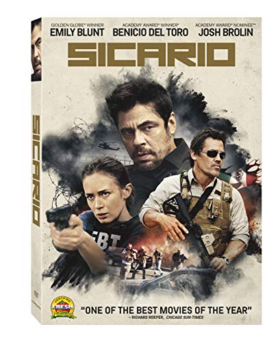 Sicario" DVD cover featuring Emily Blunt, Benicio Del Toro, and Josh Brolin.