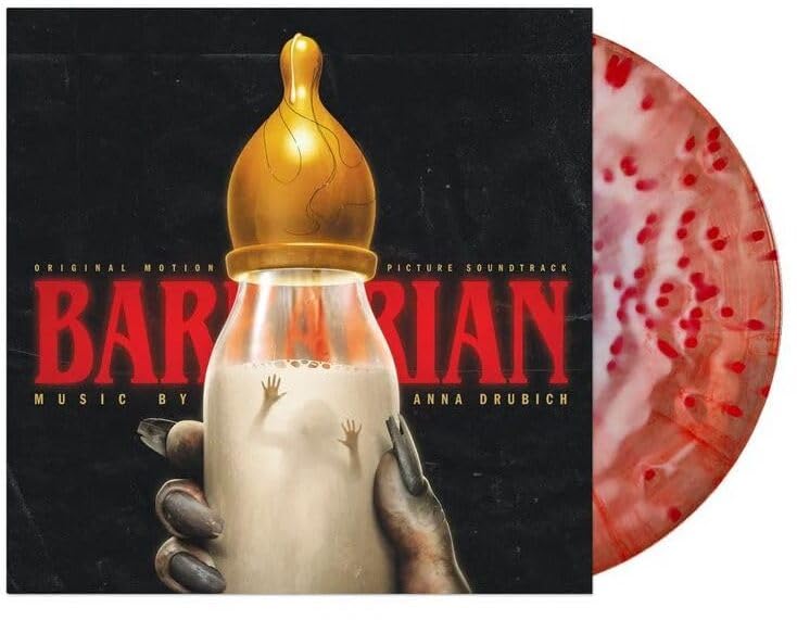 Barbarian" soundtrack vinyl record with a baby bottle and hand imagery.