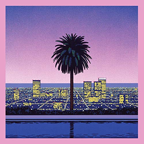Pixelated cityscape with a palm tree against a purple and pink sky.