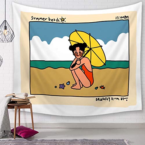 Illustration of a person with a yellow umbrella on a beach.