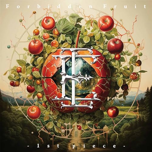 CD cover art: apples, ornate letter "E", and landscape within a gear.