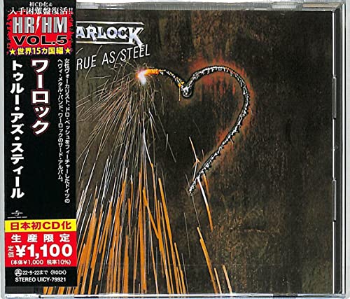 CD case for "Warlock - True As Steel" featuring a heart-shaped spark design.