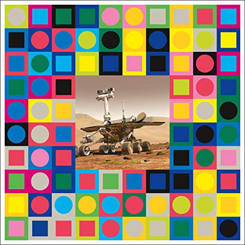 Colorful square border around a photo of the Mars rover on a red landscape.