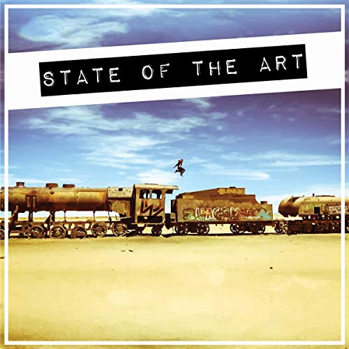 Vinyl album cover: desert landscape with a train and jumping figure.