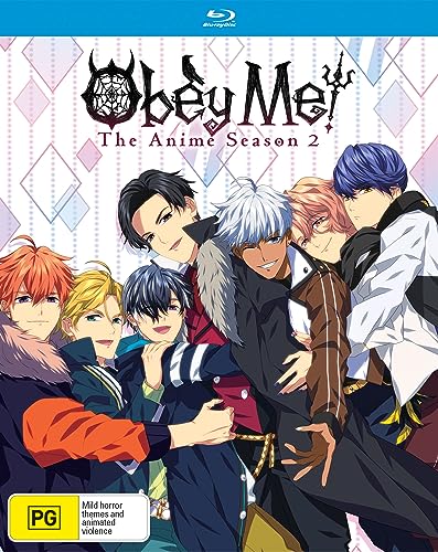 Obey Me!" anime Season 2 Blu-ray cover featuring six male characters.