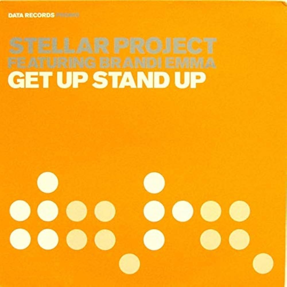 Yellow vinyl record cover with text “Get Up Stand Up” and white circles.