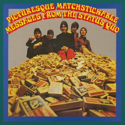 Status Quo album cover with band seated on a pile of matchboxes.