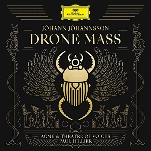 Album cover for Johann Johannsson’s “Drone Mass” featuring a golden scarab beetle.